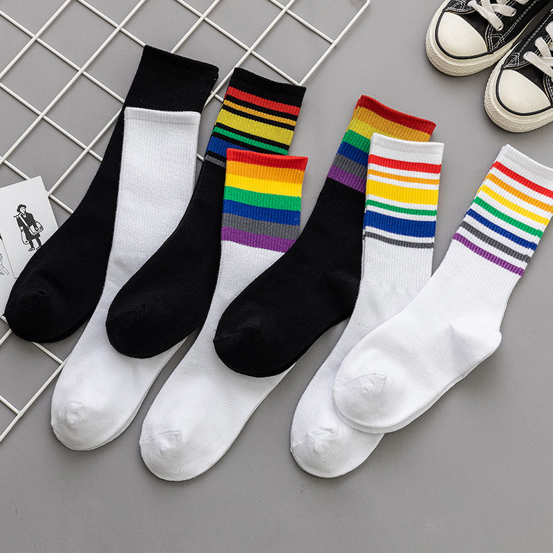 彩虹白色长袜子女中筒袜ins潮夏季透气纯色女士棉袜黑色长筒袜