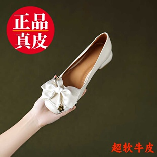 高端软牛皮女鞋2025新款单鞋女粗跟蝴蝶结圆头豆豆鞋甜美学生百搭
