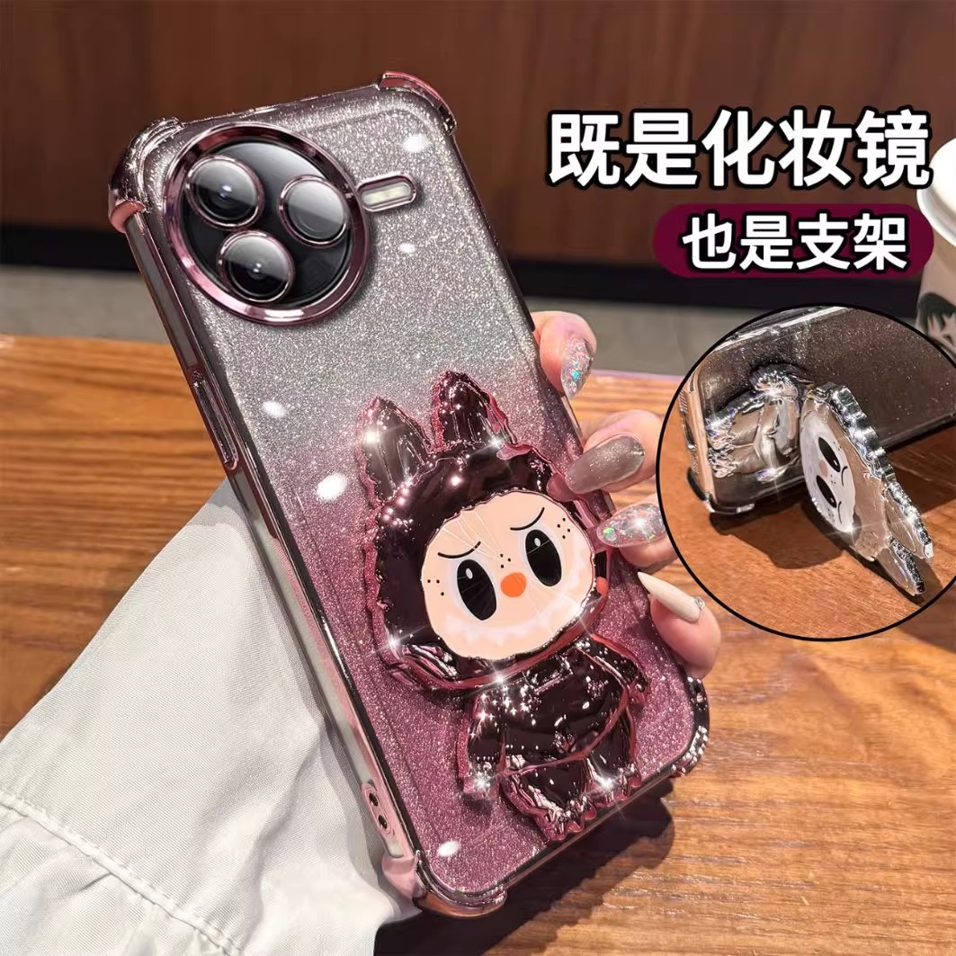 拉布布支架适用红米k80手机壳新款k70pro带补妆镜子k60e四角防摔Redmi可爱女生k50保护套k40全包k80pro软外壳