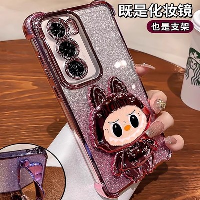 拉布布支架适用opporeno13手机壳新款12pro可爱女生11透明硅胶保护套Reno10全包防摔9/8带补妆镜子13pro外壳