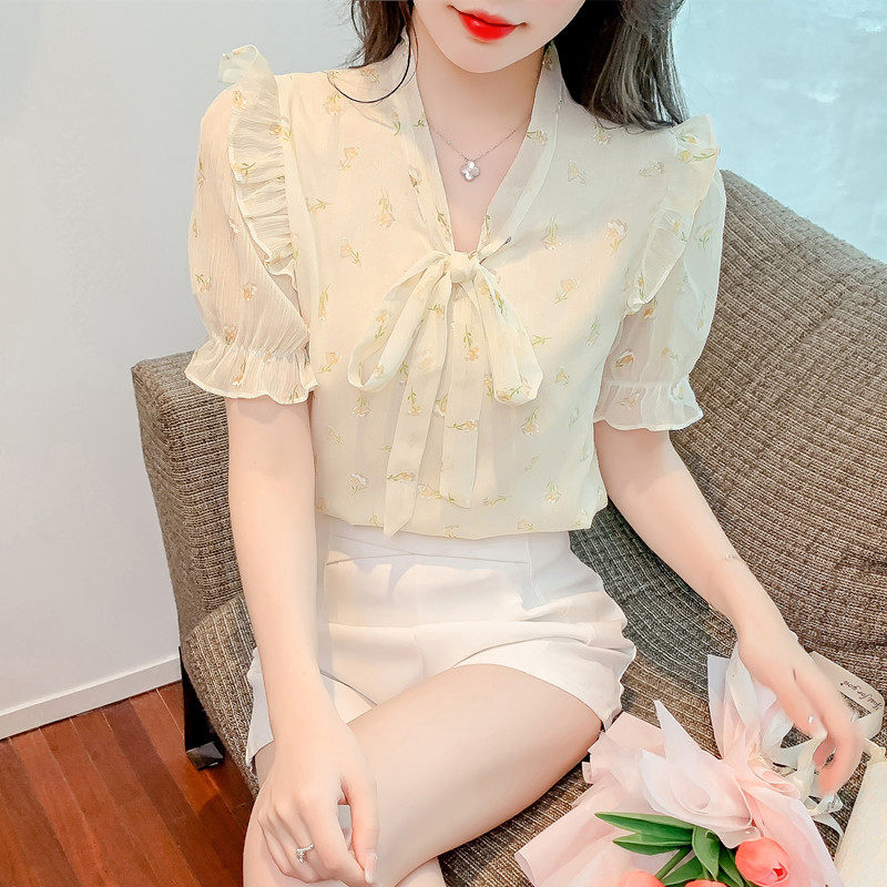 BOW CHIFFON SHIRT WOMENS SHORT SLEEVE 2024 NEW FASHION FASHIONABLE FASHIONABLE FAIRY TEMPERAMENT BEAUTIFUL FLORAL TOP