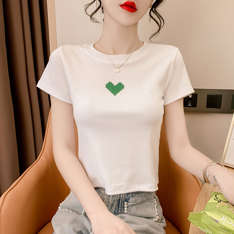T-SHIRT WOMENS SHORT SLEEVE 2024 NEW SUMMER TREND FASHION SLIM LOVE EMBROIDERY HIGH WAIST CROP TOP INS TIDE