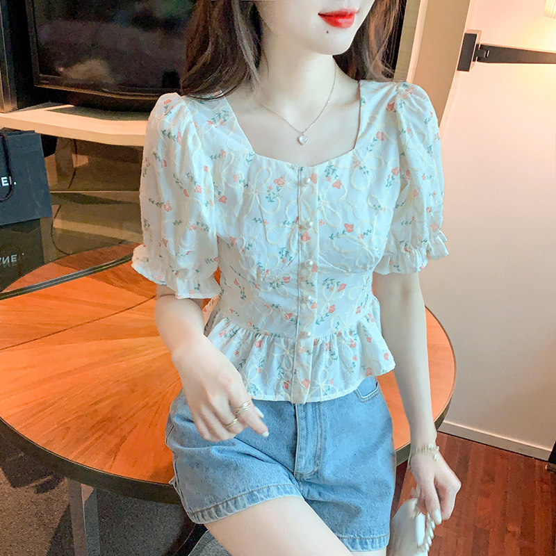 SHORT SLEEVE SHIRT WOMENS SUMMER 2024 NEW CARD WAIST SHIRT SHORT STYLE FRENCH SQUARE NECK PUFF SLEEVE FLORAL TOP