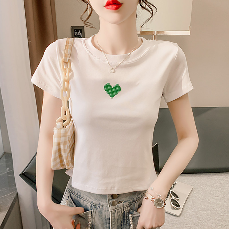 T-SHIRT WOMENS SHORT SLEEVE 2024 NEW SUMMER TREND FASHION SLIM LOVE EMBROIDERY HIGH WAIST CROP TOP INS TIDE