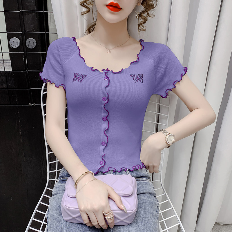 SHORT SLEEVE T-SHIRT WOMENS 2024 NEW SUMMER SKINNY SHIRT FUNGUS TRIM CLAVICLE KNIT CROP TOP INS TREND