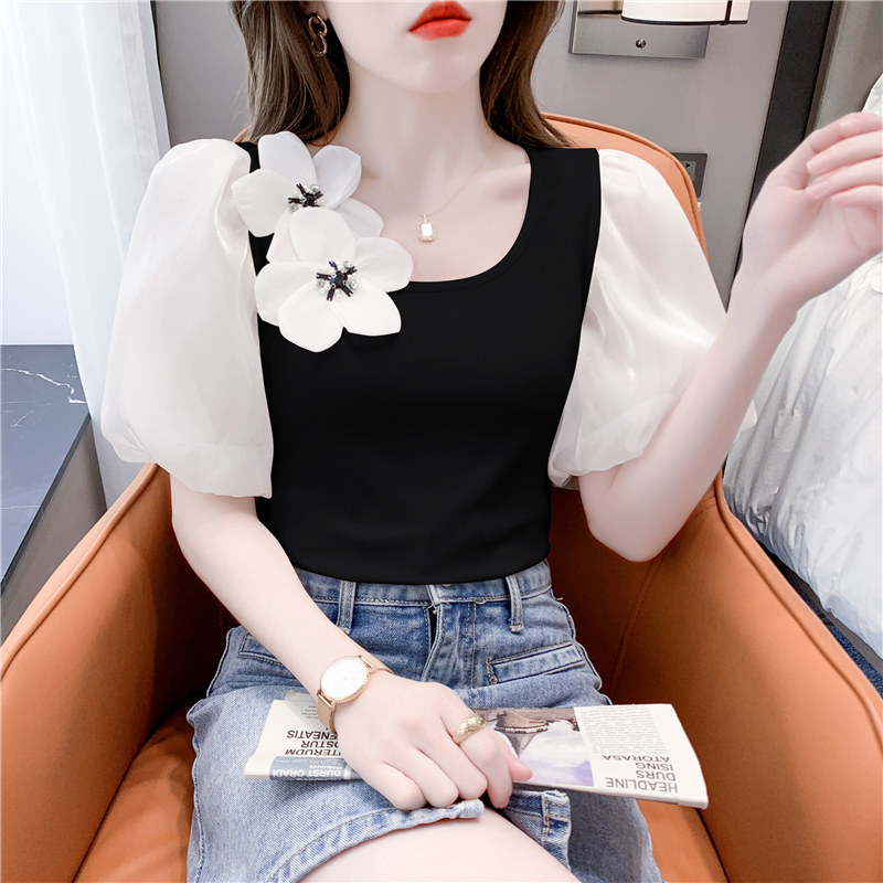 SHORT SLEEVE WOMENS 2024 NEW HOT SUMMER SLIM AND BEAUTIFUL SHORT T-SHIRT FASHION FOREIGN FASHION PUFF SLEEVE TOP