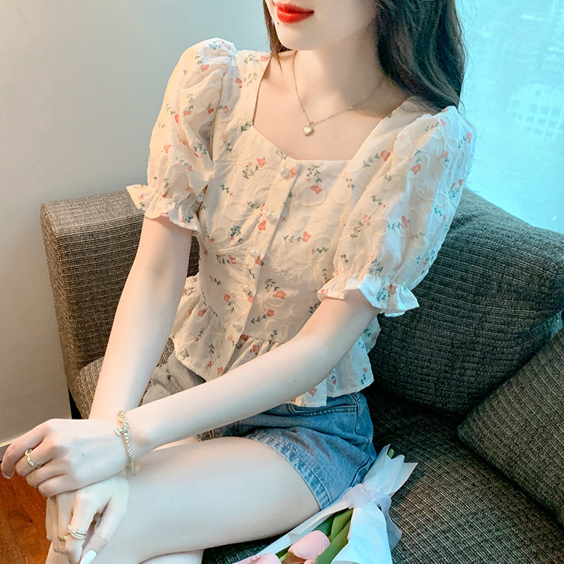 SHORT SLEEVE SHIRT WOMENS SUMMER 2024 NEW CARD WAIST SHIRT SHORT STYLE FRENCH SQUARE NECK PUFF SLEEVE FLORAL TOP