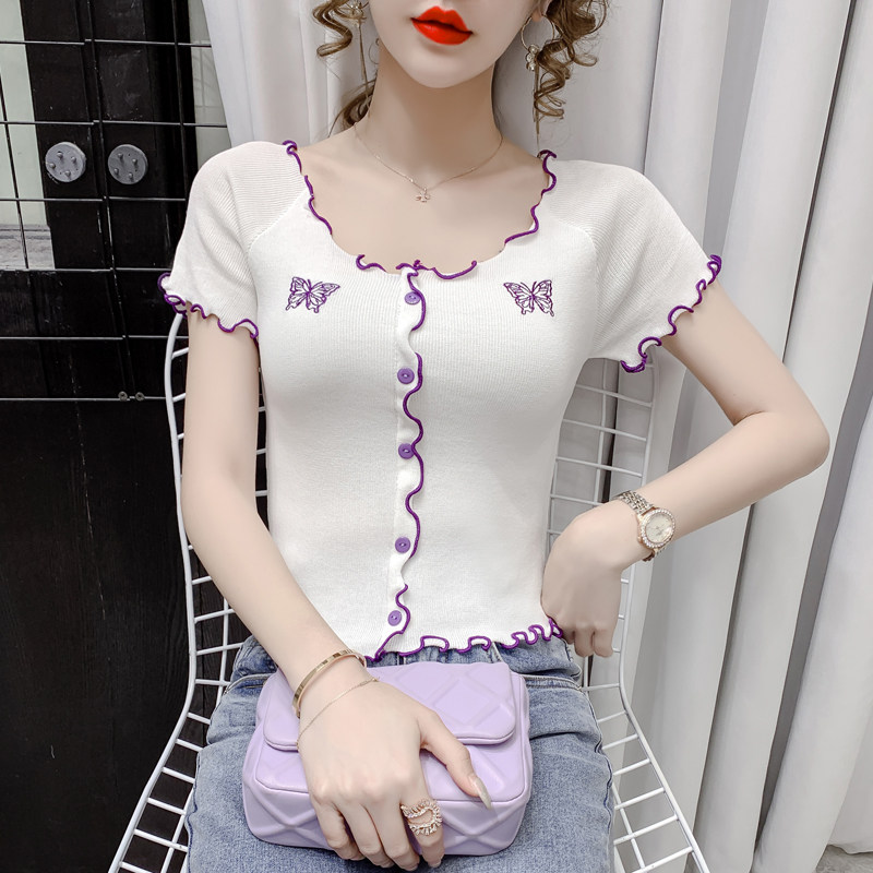 SHORT SLEEVE T-SHIRT WOMENS 2024 NEW SUMMER SKINNY SHIRT FUNGUS TRIM CLAVICLE KNIT CROP TOP INS TREND