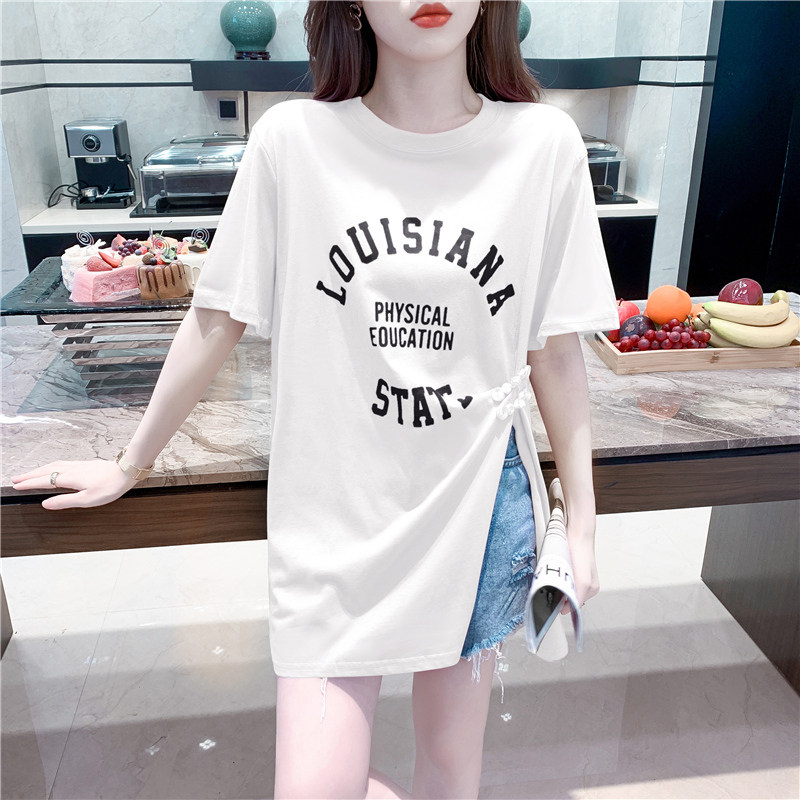 SLIT MIDI LENGTH T-SHIRT WOMENS SHORT SLEEVE 2024 NEW SUMMER LOOSE FASHION FOREIGN FASHION FASHION BUCKLE TOP TREND
