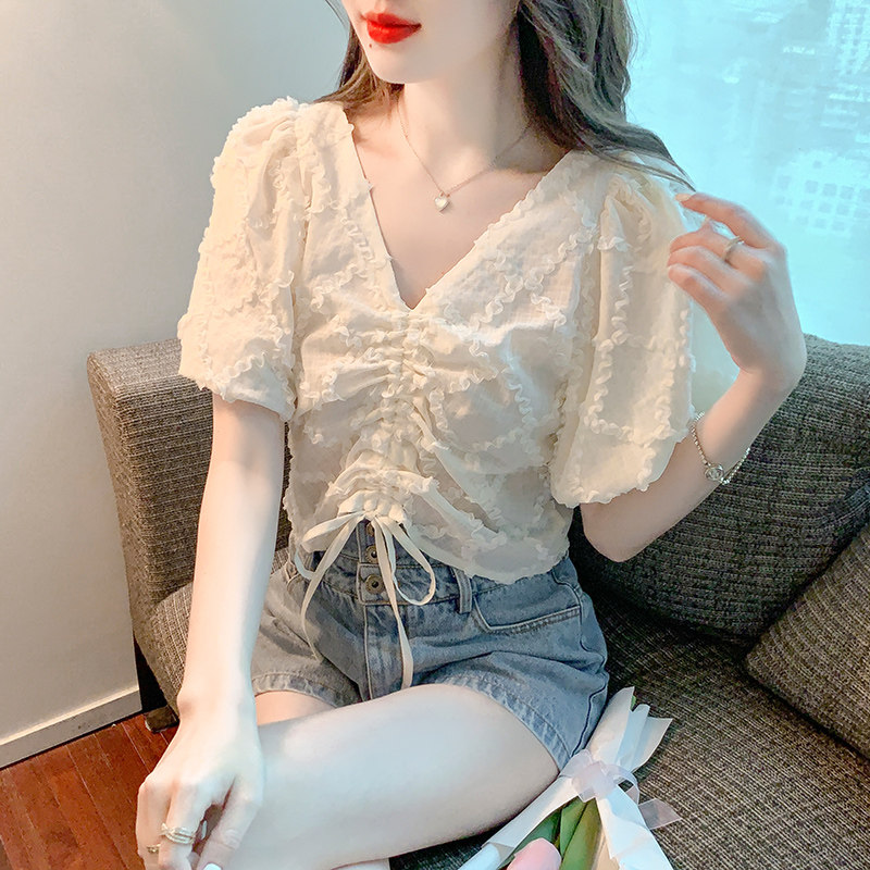 CHIFFON SHIRT WOMENS SHORT SLEEVE SUMMER 2024 NEW DESIGN SENSE NICHE FRENCH V-NECK PUFF SLEEVE CROPPED TOP