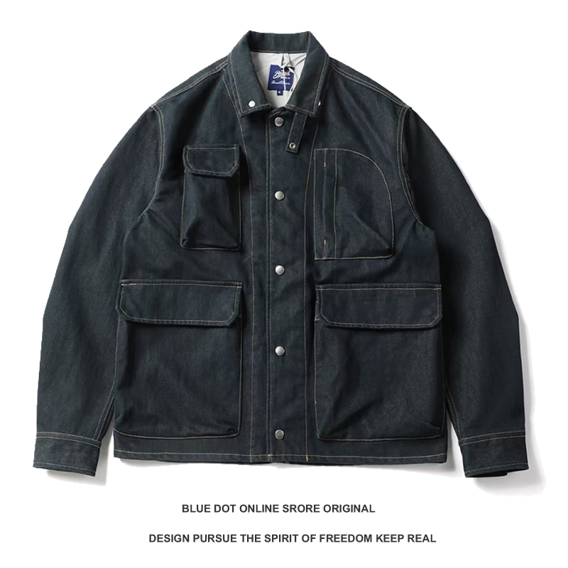 日系复古巴恩风牛仔重磅工装宽松潮外套男士春秋季军事多口袋夹克