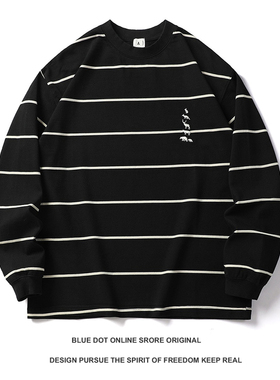 日系复古青年小领口宽松版重磅条纹长袖T恤男cityboy纯棉加厚t恤