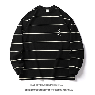 日系复古青年小领口宽松版重磅条纹长袖T恤男cityboy纯棉加厚t恤