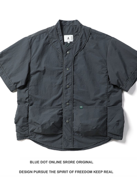 日系复古青年潮牌紫标多口袋工装短袖衬衫宽松休闲五分袖夹克外套