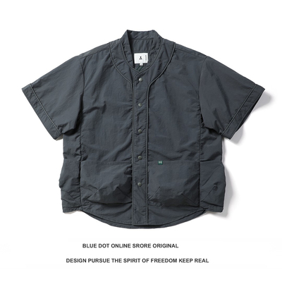 日系复古青年潮牌紫标多口袋工装短袖衬衫宽松休闲五分袖夹克外套