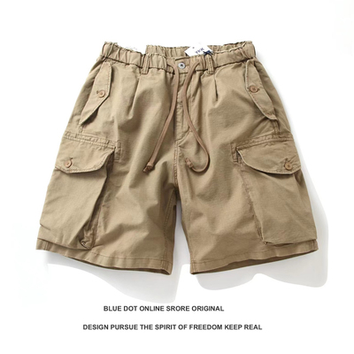 日系复古青年vintage树枝纹迷彩水洗做旧宽版多袋工装五分短裤潮