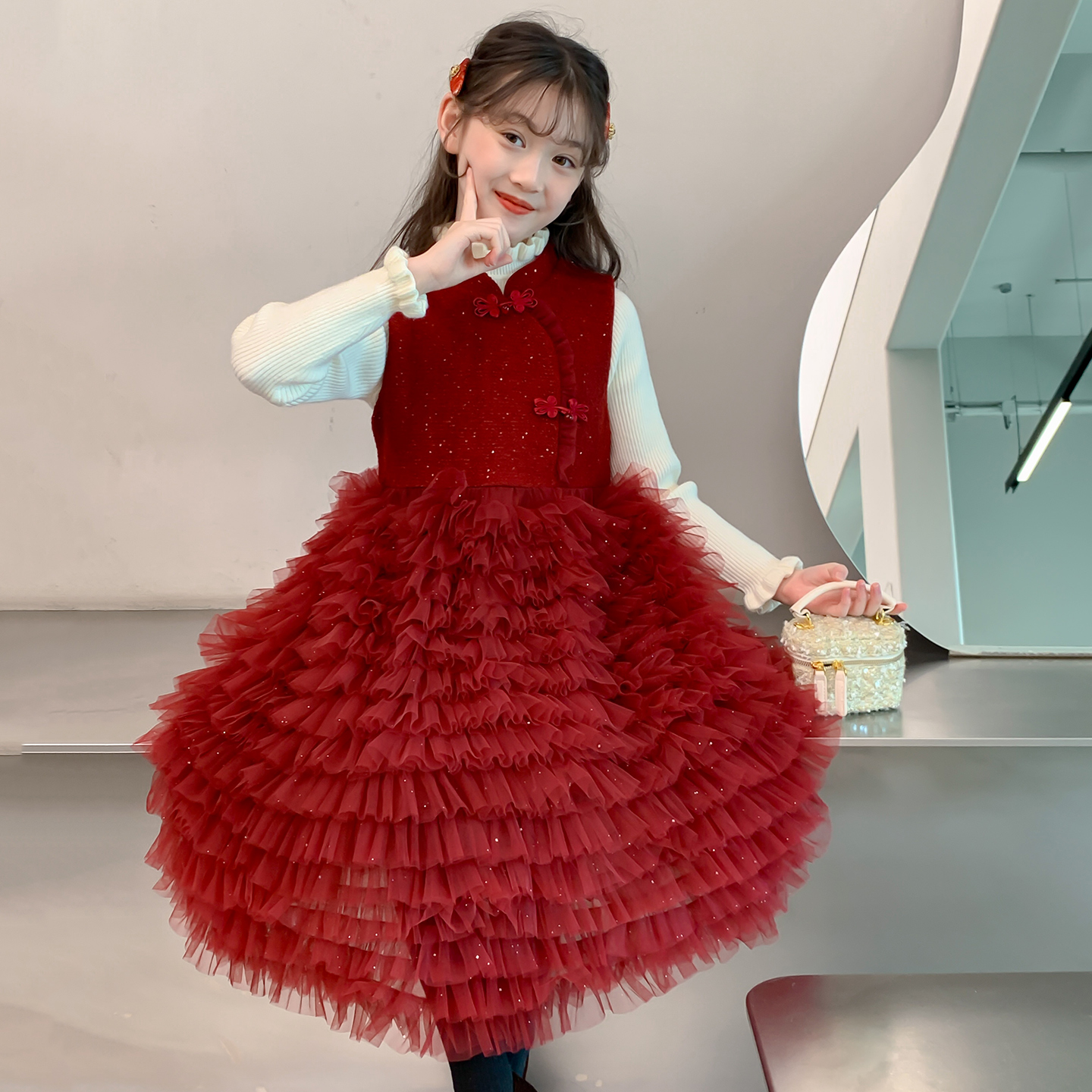 女童新中式红色蛋糕裙2025新款洋气旗袍连衣裙加绒新年礼服公主裙