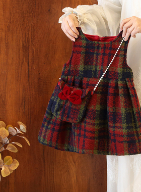 女童红色格子背心裙冬装新款儿童加绒毛呢连衣裙女宝宝新年公主裙