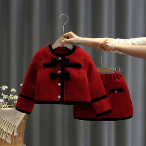 女童红色小香风套装裙冬季儿童加厚新年装外套短裙气质公主两件套