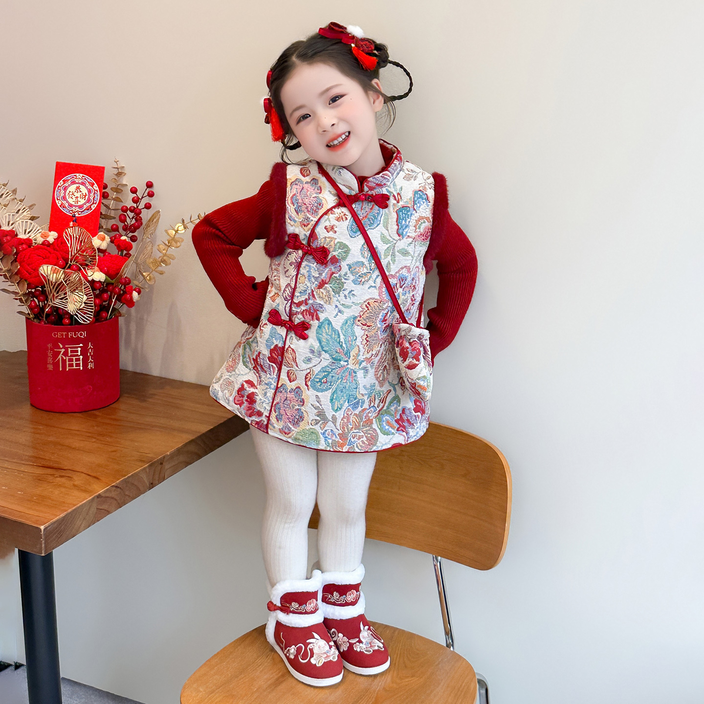女童中国风唐装拜年服冬季新款加绒款盘扣流苏背心裙新中式旗袍裙