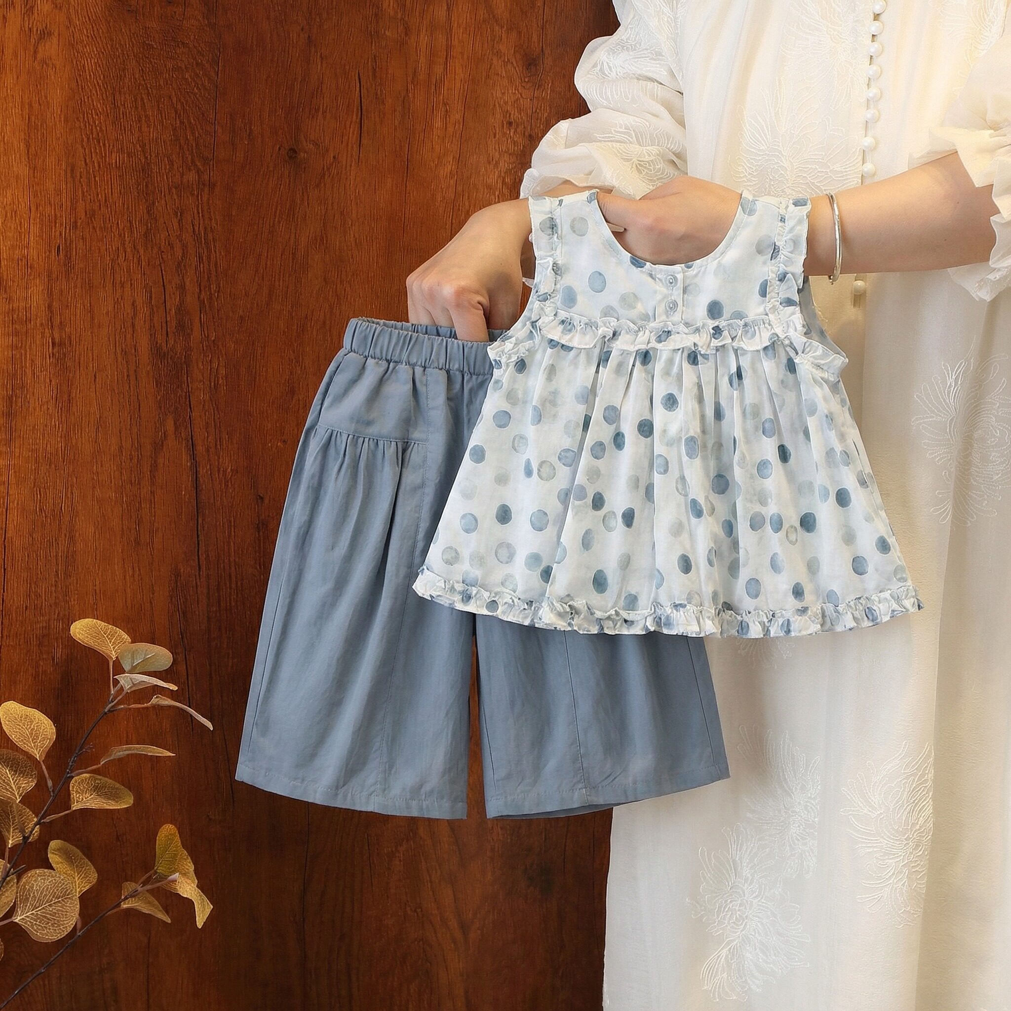 女童夏季薄款波点无袖花边背心休闲七分裤两件套装女宝宝韩版洋气
