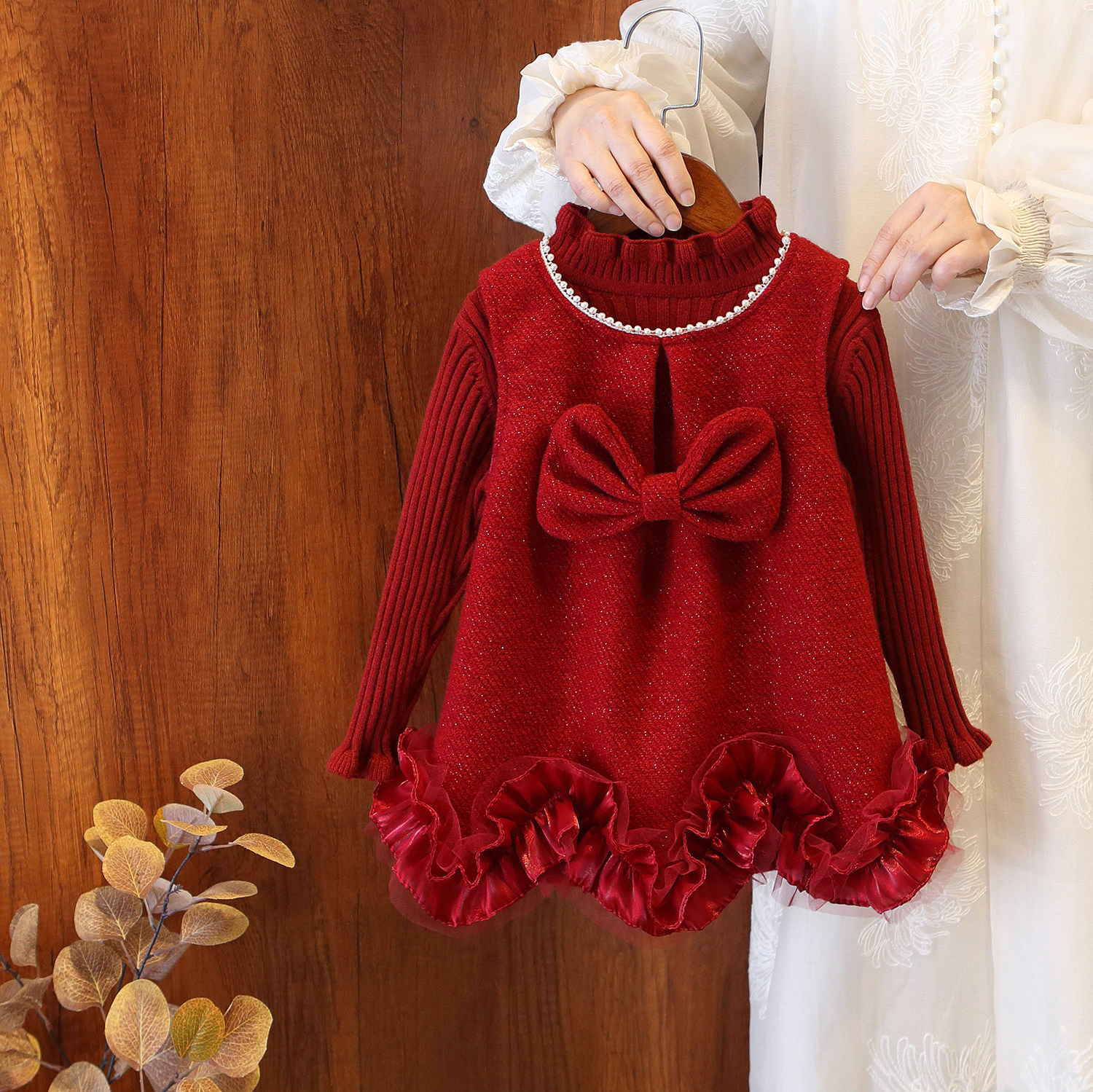 女童红色加绒加厚蝴蝶结花边毛呢洋气甜美保暖年服连衣裙毛衣套装,童装/婴儿装/亲子装,套装,淘宝优惠券,粉丝福利购,淘宝优惠卷