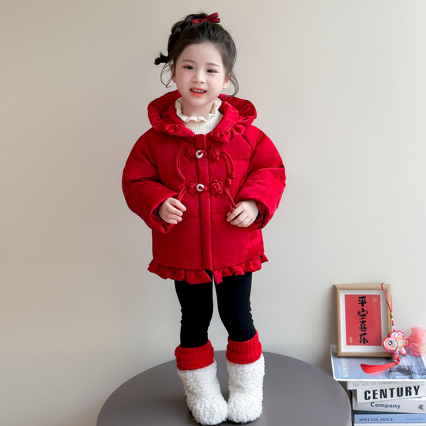 女童中国风白鸭绒羽绒服2025冬季新款中小儿童中式大红色加厚外套