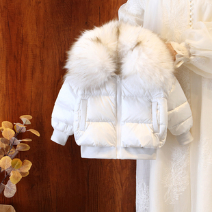 女童2025冬季新款大毛领短款羽绒服女宝宝白色保暖外套高级感百搭