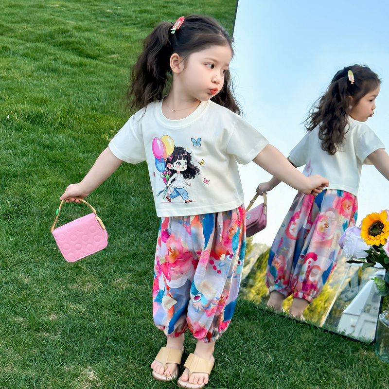 女童2025夏季新款韩版时尚百搭甜美洋气短袖T恤灯笼裤两件套宝宝