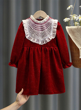 女童加绒法式连衣裙冬季儿童红色新年装圣诞公主裙大童小香风裙子