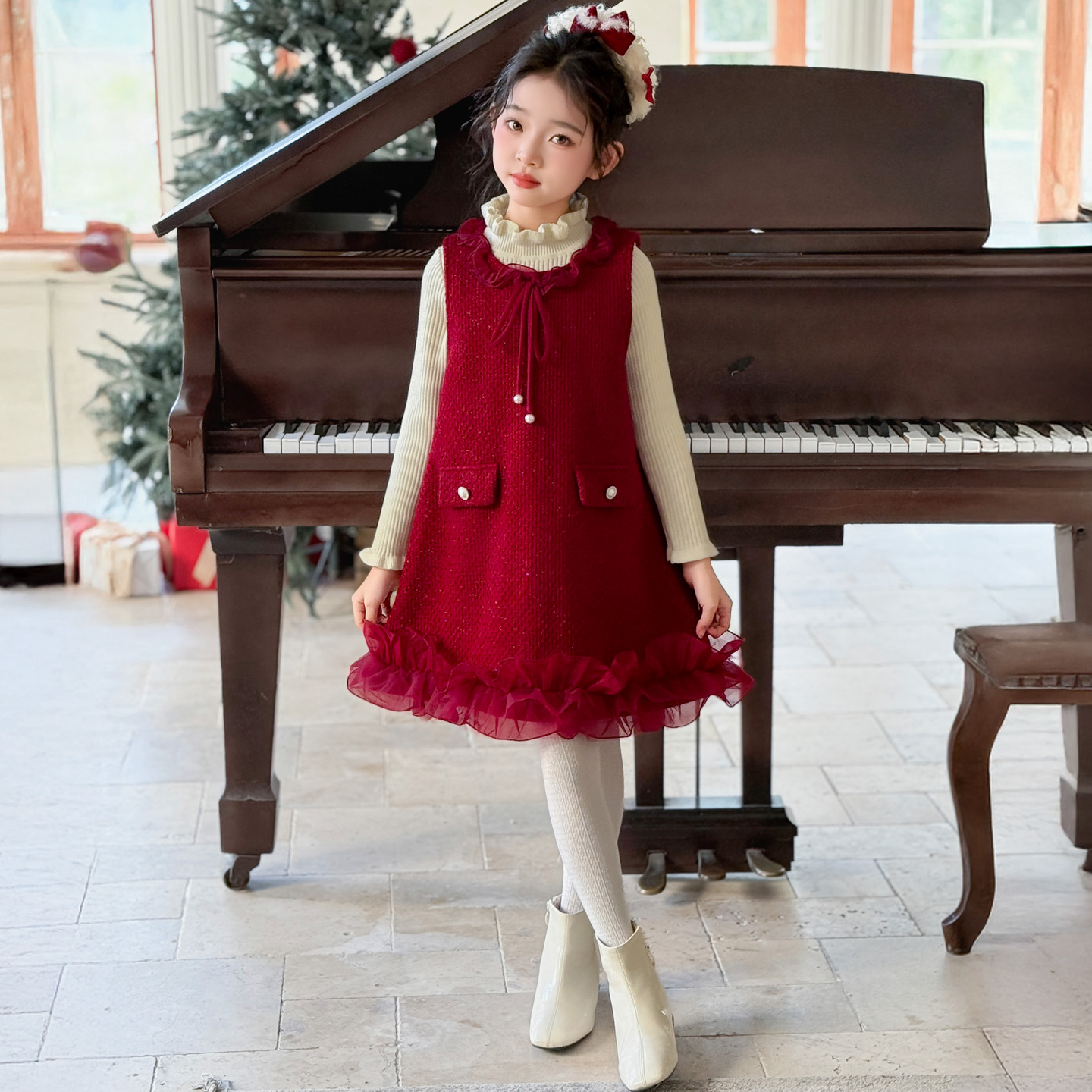 新年战袍女童喜庆拜年服2025新款小香风年服裙冬季加绒红色连衣裙