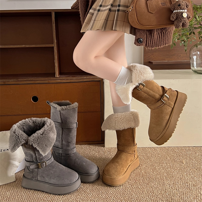 桑坡村骑士雪地靴羊皮毛一体厚底长筒女冬季新款加绒加厚保暖棉靴