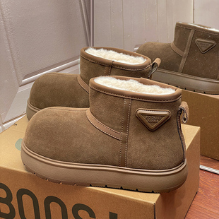 卡皮巴拉小黄豚大头雪地靴女款冬季2025新款加绒保暖厚底咖色棉鞋