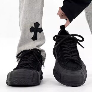 【高品质】高街黑武士休闲板鞋男女小众溶解帆布鞋全黑色乞丐鞋潮