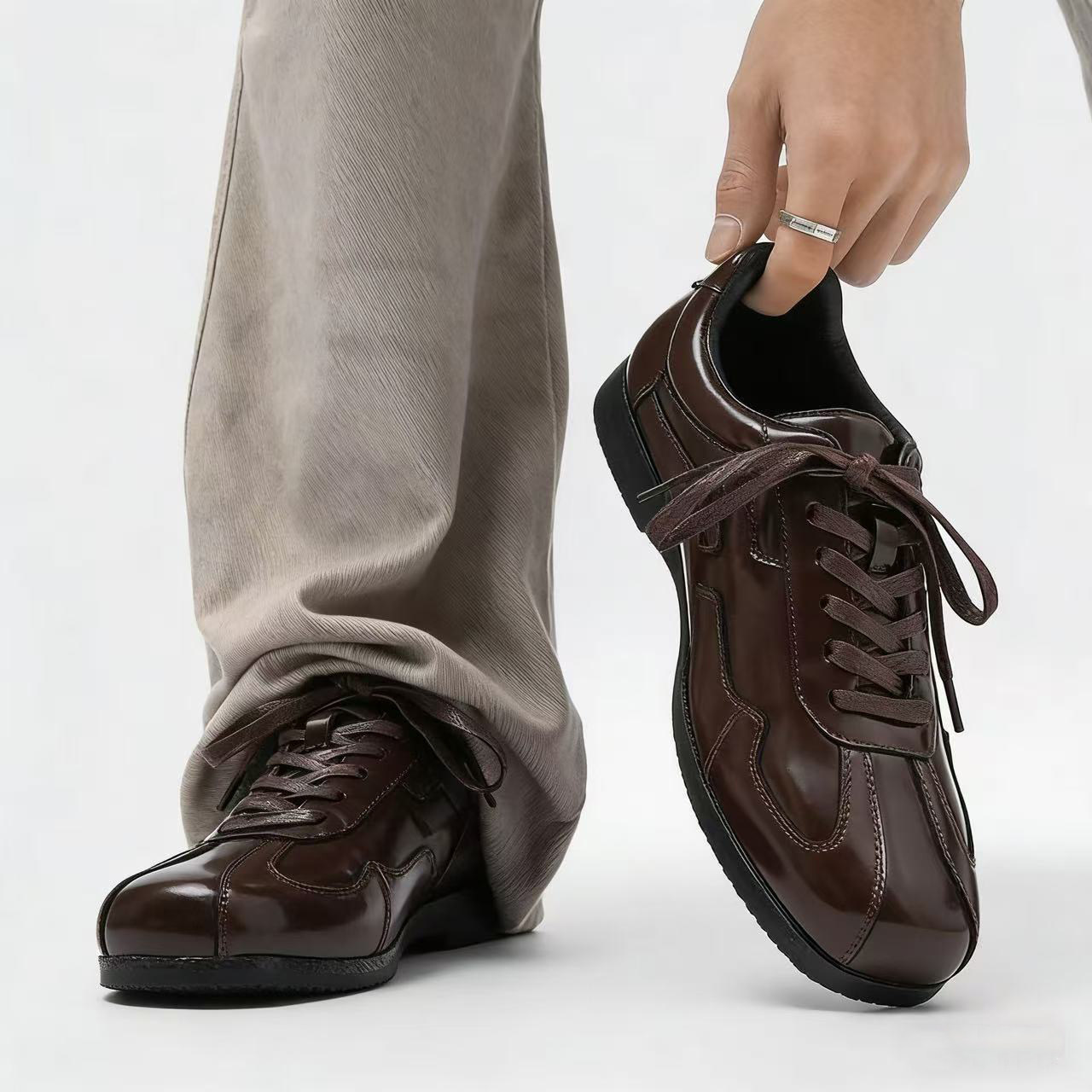 德训鞋真皮复古棕色男款高级感训练鞋极简拳击鞋薄底休闲阿甘鞋女