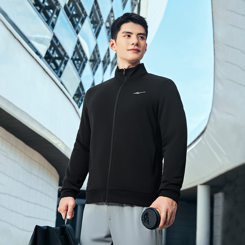 鸿星尔克男外套2025秋季新款男士运动服针织加绒立领夹克男款上衣