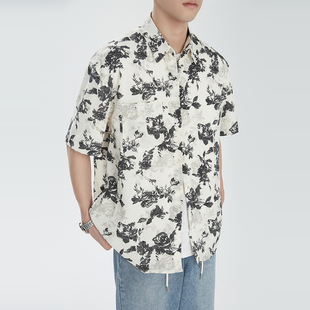 黑白复古玫瑰花纹路宽松短袖花衬衫男高级痞帅宽松休闲衬衣潮