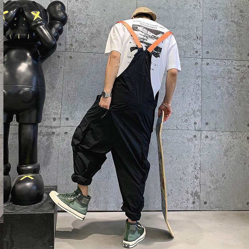 美式工装背带裤男潮韩版宽松青年九分裤复古吊带阔腿老爹裤嘻哈_虎窝淘