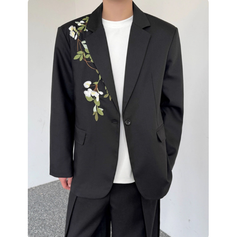 国风新中式山茶花渐变刺绣设计感单排扣西服外套宽松男女中性西装