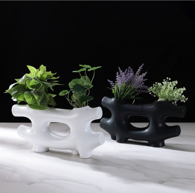 现代简约陶瓷几何井字形摆件创意花器样板房售楼处书柜黑白装饰品