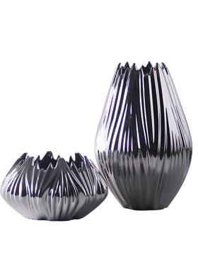 现代简约家居电镀银色陶瓷纹理花瓶轻奢摆件样板房客厅餐桌插花器