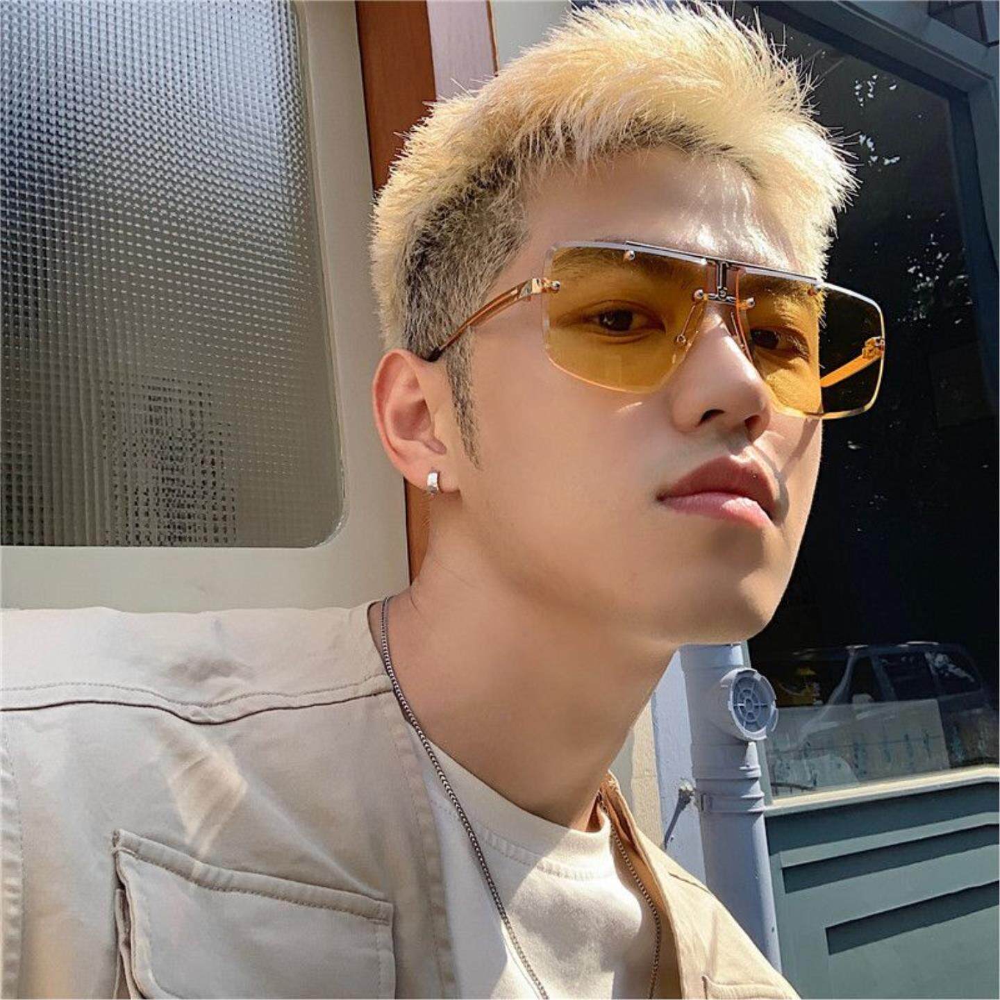 无框飞行员2021新款韩版潮男士透明黄个性大胖圆脸显瘦太阳镜墨镜