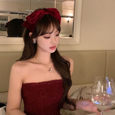 黑色丝绒大蝴蝶结头饰发箍女秋冬增高颅顶头箍配饰过新年红色发饰