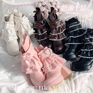 尾款/奶油千层芝士芒芒物语原创蝴蝶结甜美粗跟防水台短靴