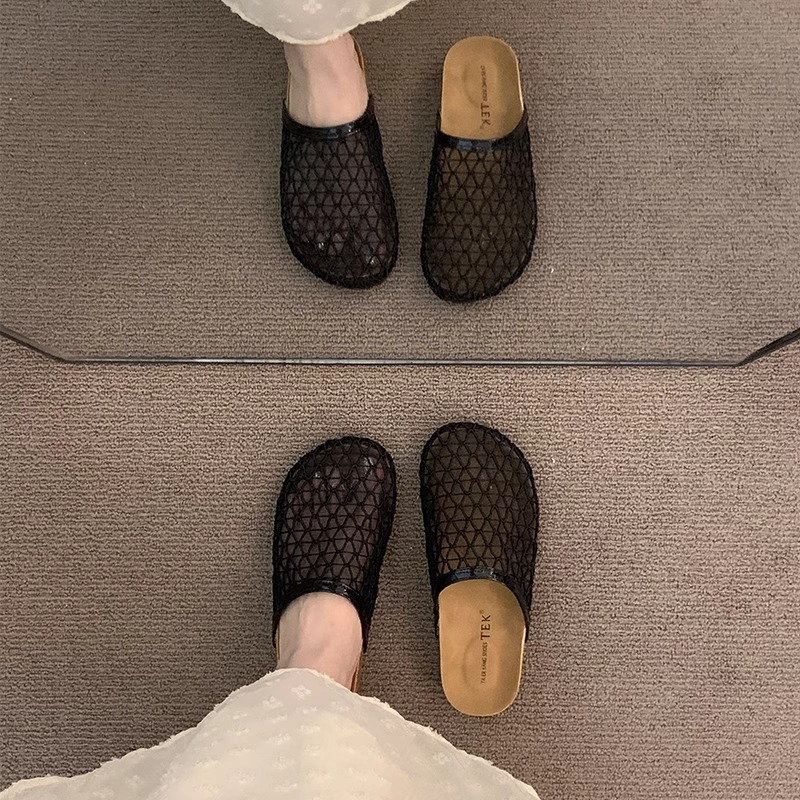 品牌绝美厚底网纱勃肯包头半拖鞋女夏外穿2025新款一脚蹬渔网鞋凉