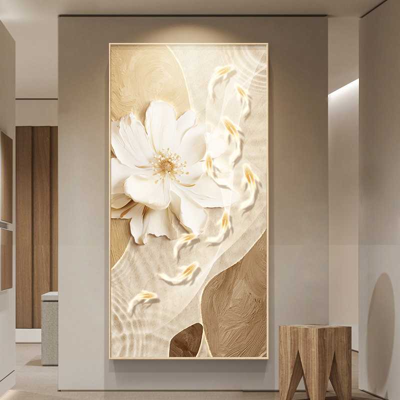 新款直销九鱼图玄关装饰画奶油风抽象花卉走廊过道挂画现代轻奢高图片