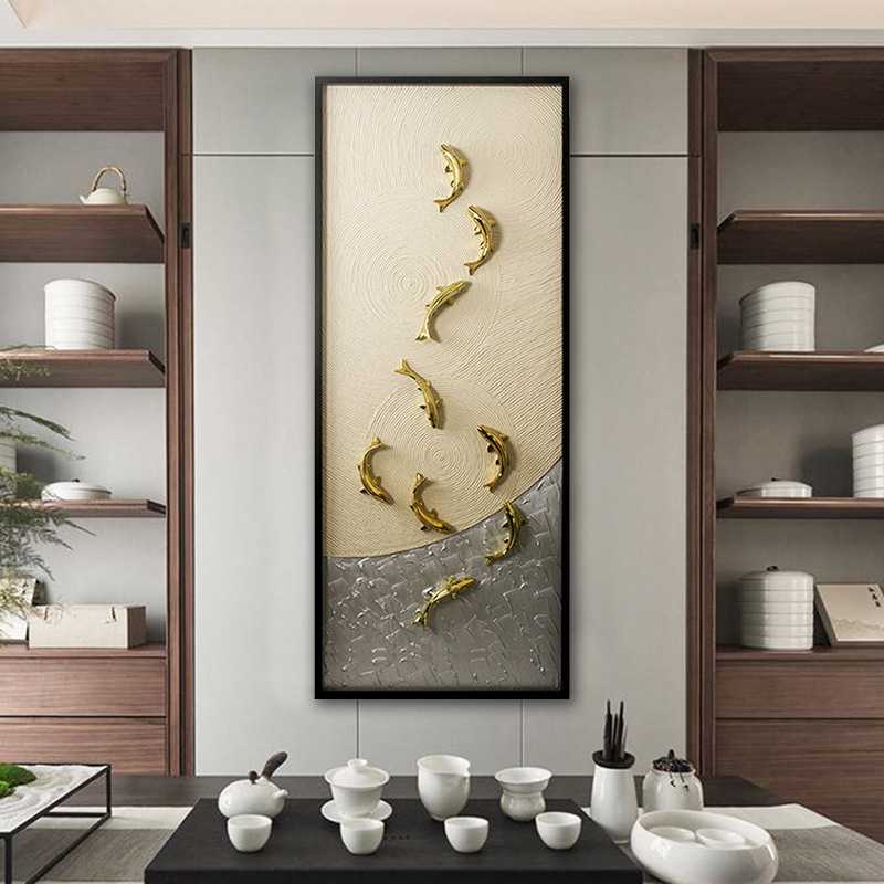 新款直销轻奢新中式入户九鱼图玄关装饰画房屋过道走廊竖版3d立体图片