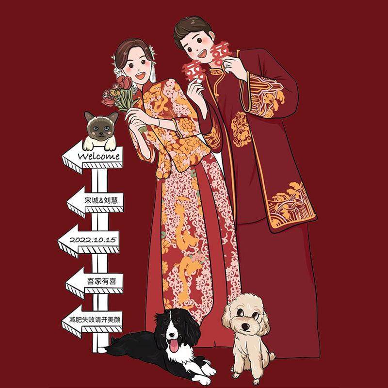 新款直销结婚订婚布置装饰卡通人形手绘迎宾立牌婚礼门口指示牌海