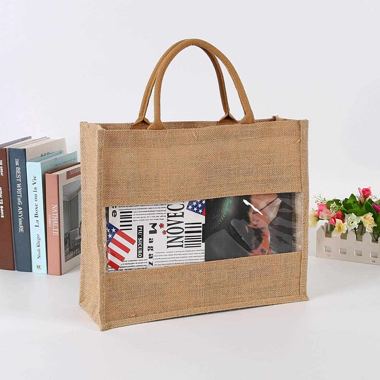 新款直销手提麻布袋PVC透明窗麻布袋收纳黄麻酒袋覆膜彷麻袋礼品