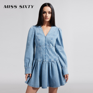 复古百搭短裙 短裙美式 Miss Sixty女气质春秋牛仔连衣裙V领长袖